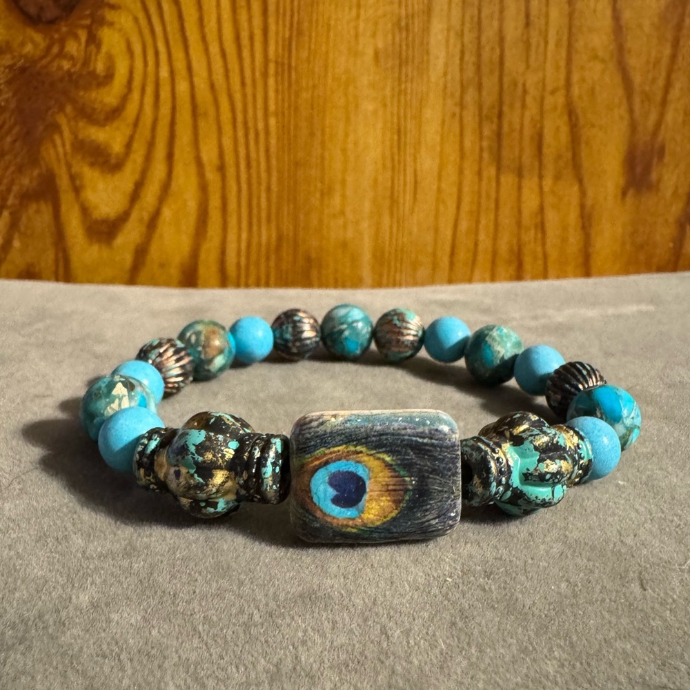 Peacock Ceramic Metal Beaded Stretch Bracelet